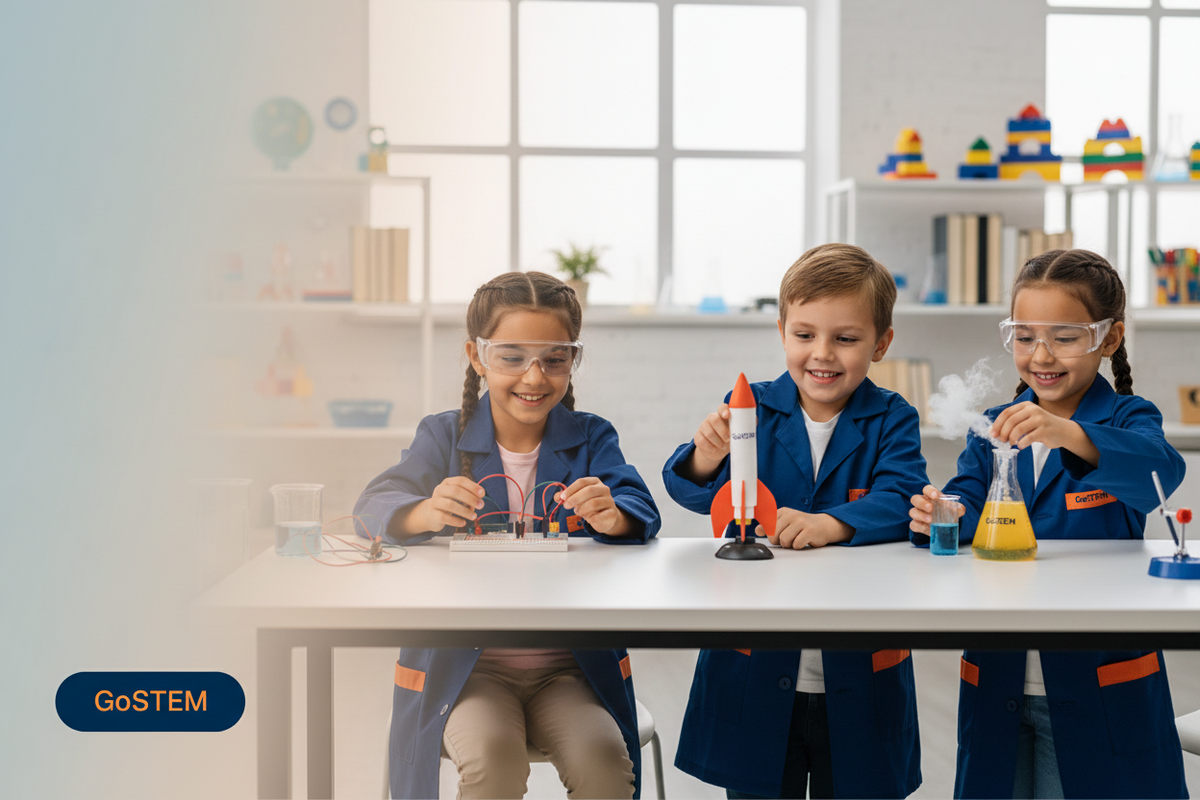 Three children in blue lab coats and safety goggles conduct science experiments at a white table, with a model rocket and colorful beakers in a bright classroom. A GoSTEM logo appears in the lower left corner.